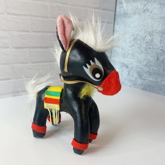 Vintage Black Leather Horse Donkey Toy Figure Felt 7 Inches - Picture 1 of 7